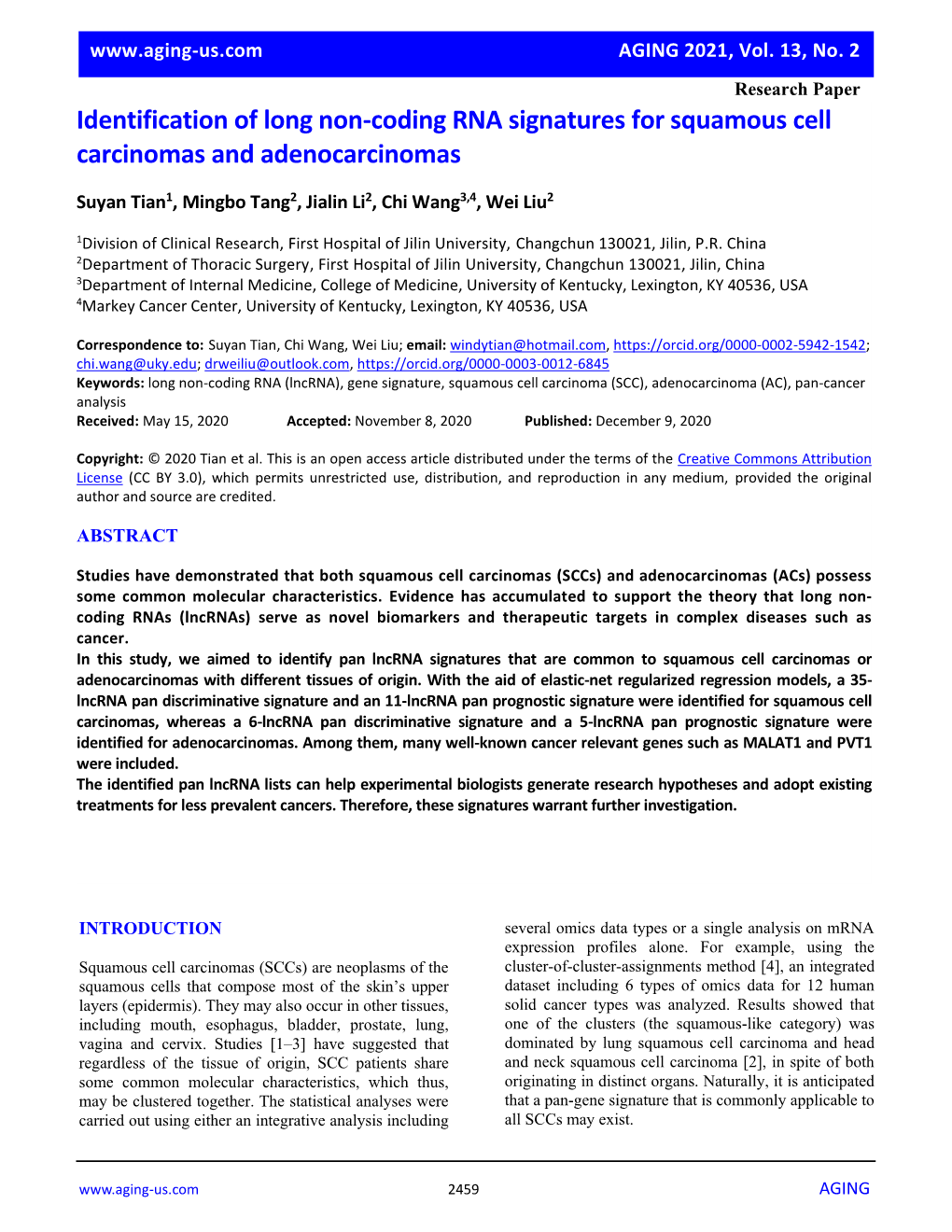 Identification of Long Non-Coding RNA Signatures for Squamous Cell Carcinomas and Adenocarcinomas