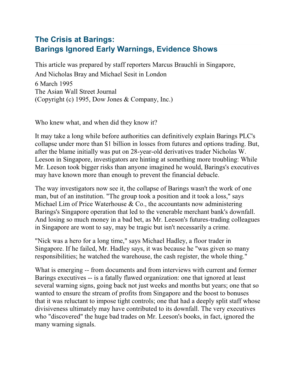 Barings Ignored Early Warnings, Evidence Shows