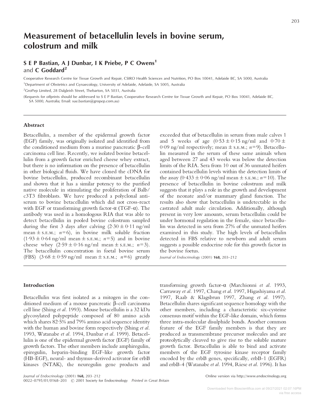 Measurement of Betacellulin Levels in Bovine Serum, Colostrum and Milk