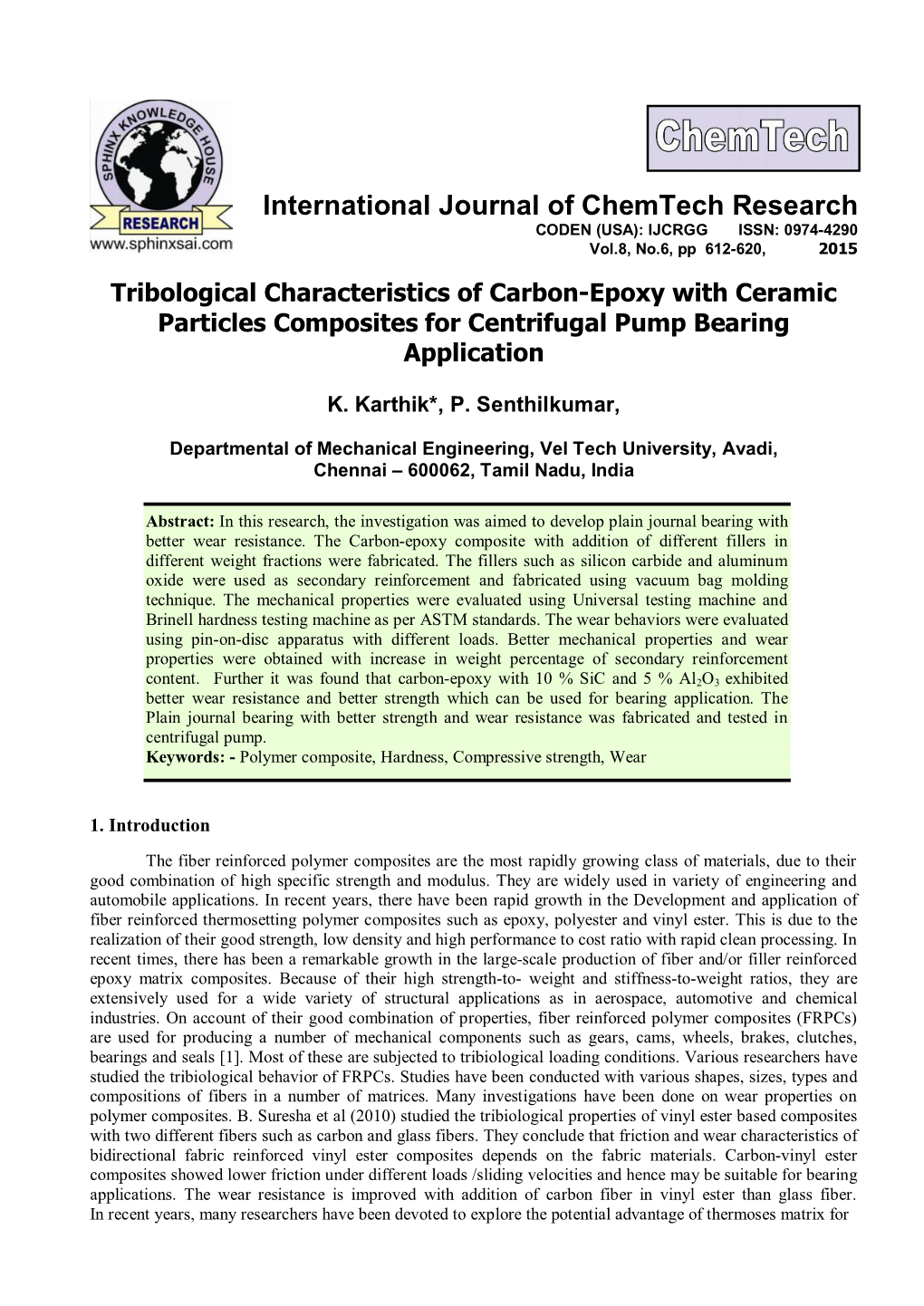 Tribological Characteristics of Carbon-Epoxy with Ceramic Particles Composites for Centrifugal Pump Bearing Application