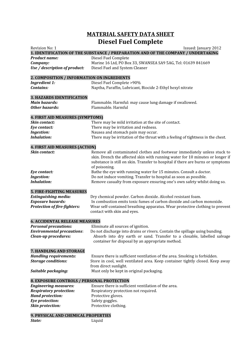 Material Safety Data Sheet s64