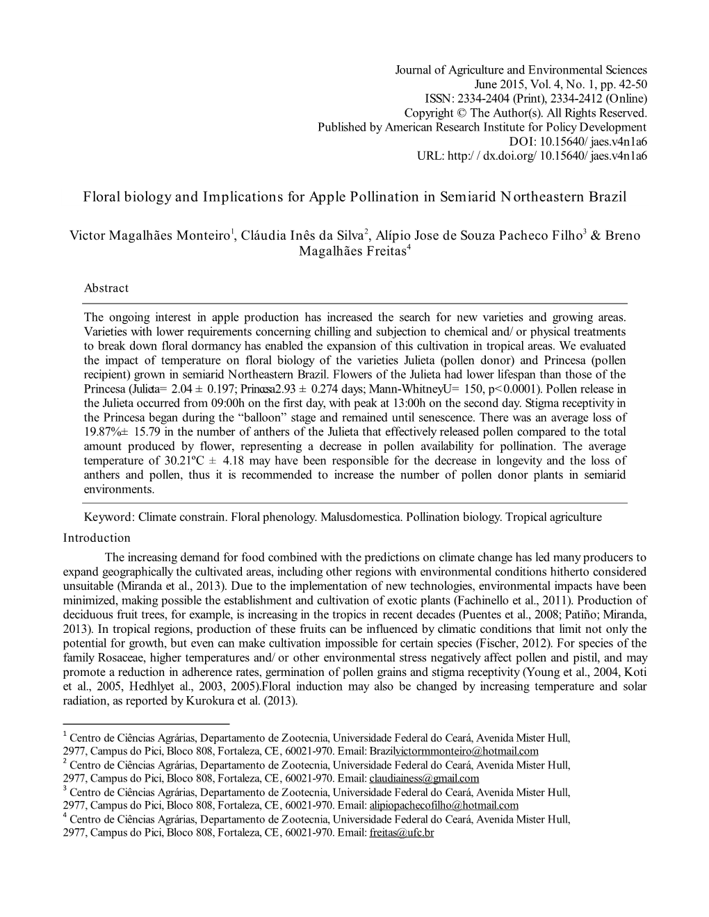 Floral Biology and Implications for Apple Pollination in Semiarid Northeastern Brazil