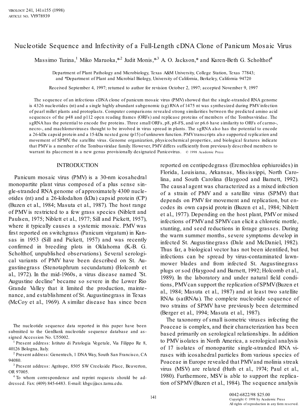 Nucleotide Sequence and Infectivity of a Full-Length Cdna Clone of Panicum Mosaic Virus