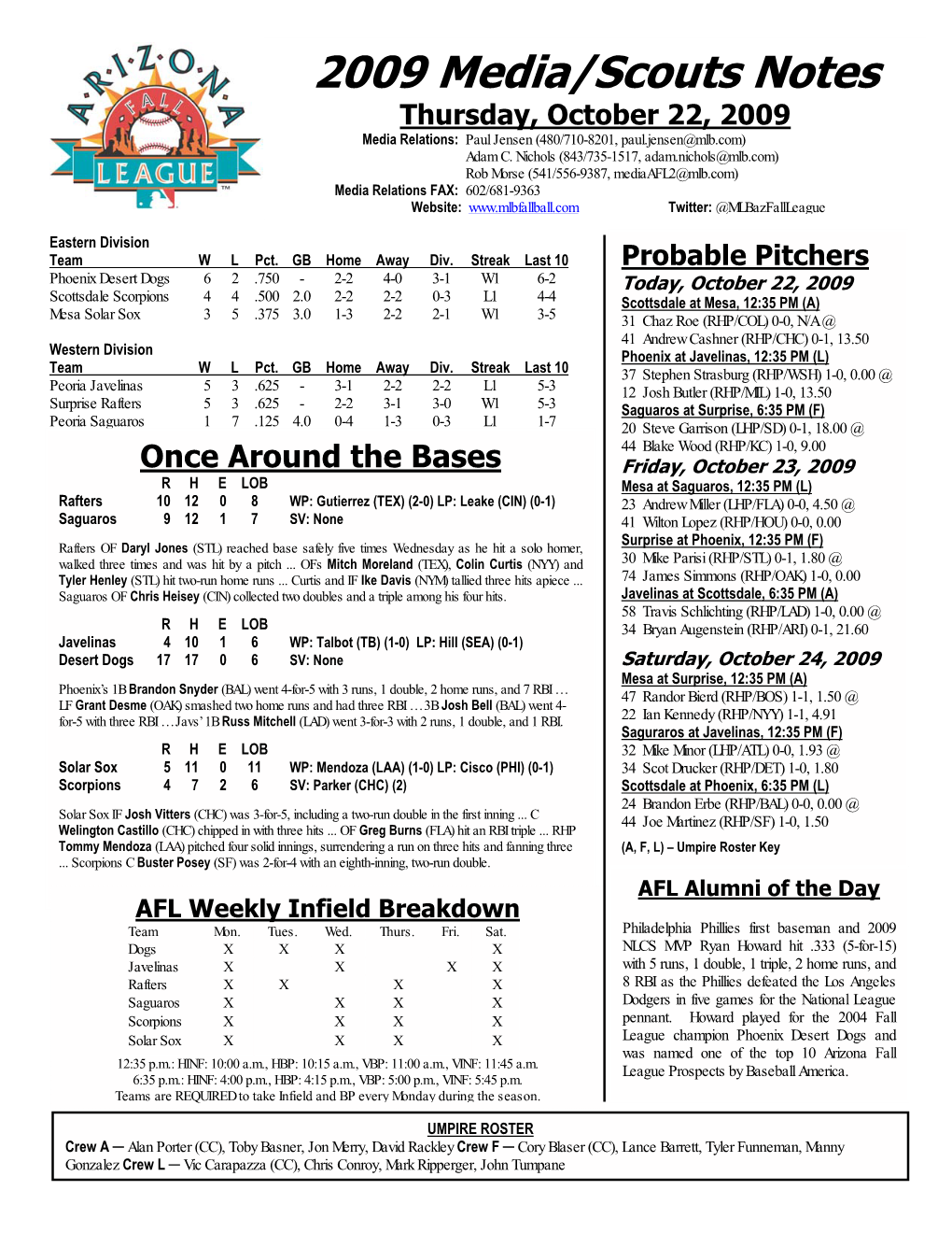 2009 Media/Scouts Notes Thursday, October 22, 2009 Media Relations: Paul Jensen (480/710-8201, Paul.Jensen@Mlb.Com) Adam C