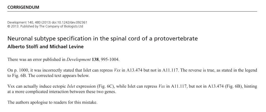 Neuronal Subtype Specification in the Spinal Cord of a Protovertebrate Alberto Stolfi and Michael Levine