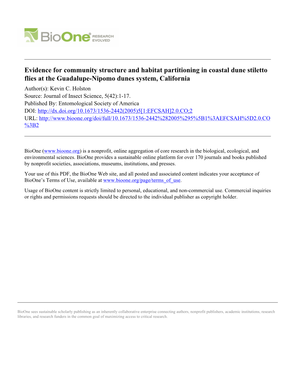 Evidence for Community Structure and Habitat Partitioning in Coastal Dune Stiletto Flies at the Guadalupe-Nipomo Dunes System, California Author(S): Kevin C