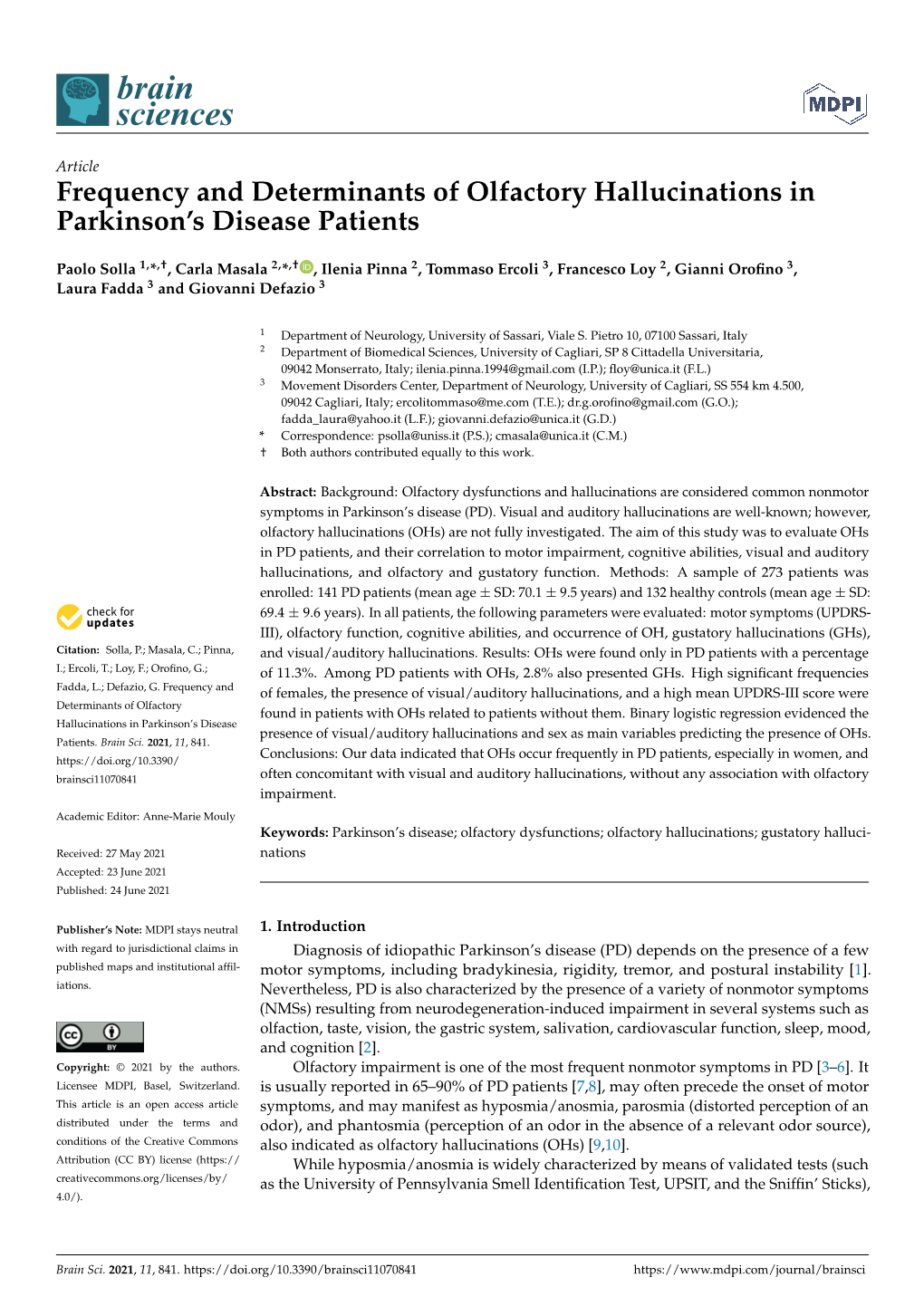 Frequency and Determinants of Olfactory Hallucinations in Parkinson’S Disease Patients