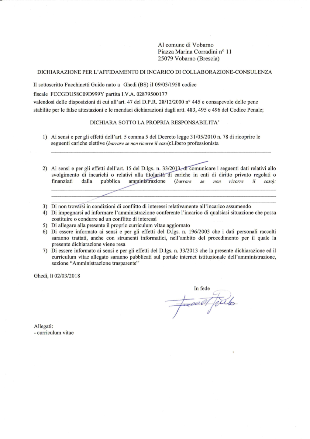 Autocertificazione Per Incarichi Autonomi Collaborazioni (Art. 15 Dlgs 33 2013)