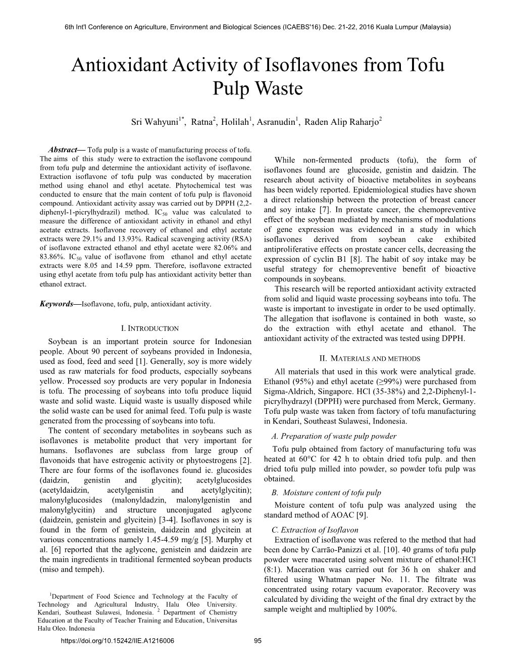 Antioxidant Activity of Isoflavones from Tofu Pulp Waste