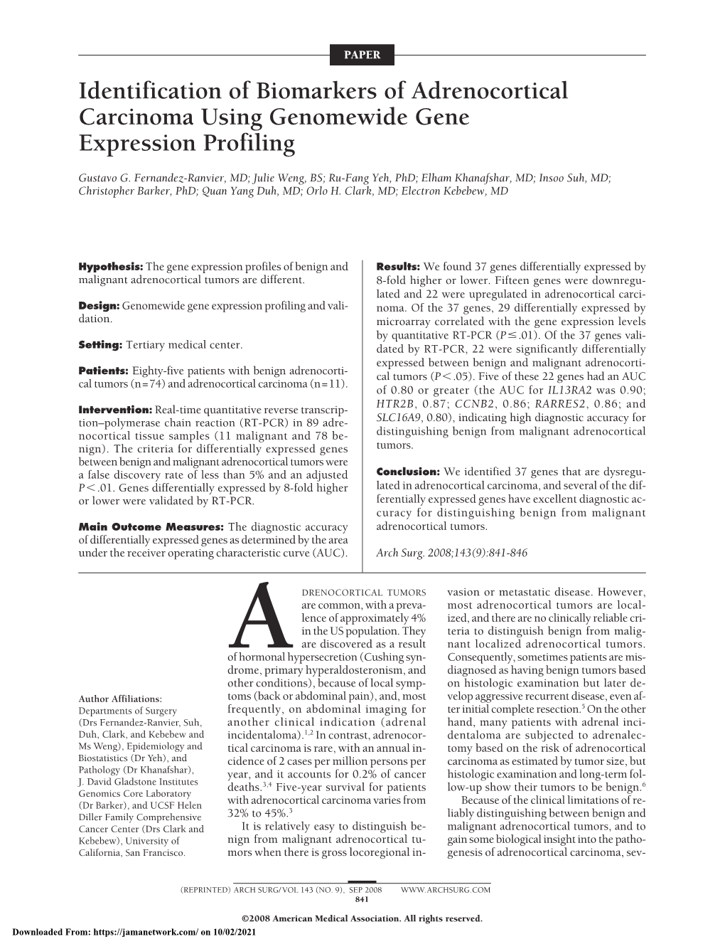 Identification of Biomarkers of Adrenocortical Carcinoma Using Genomewide Gene Expression Profiling