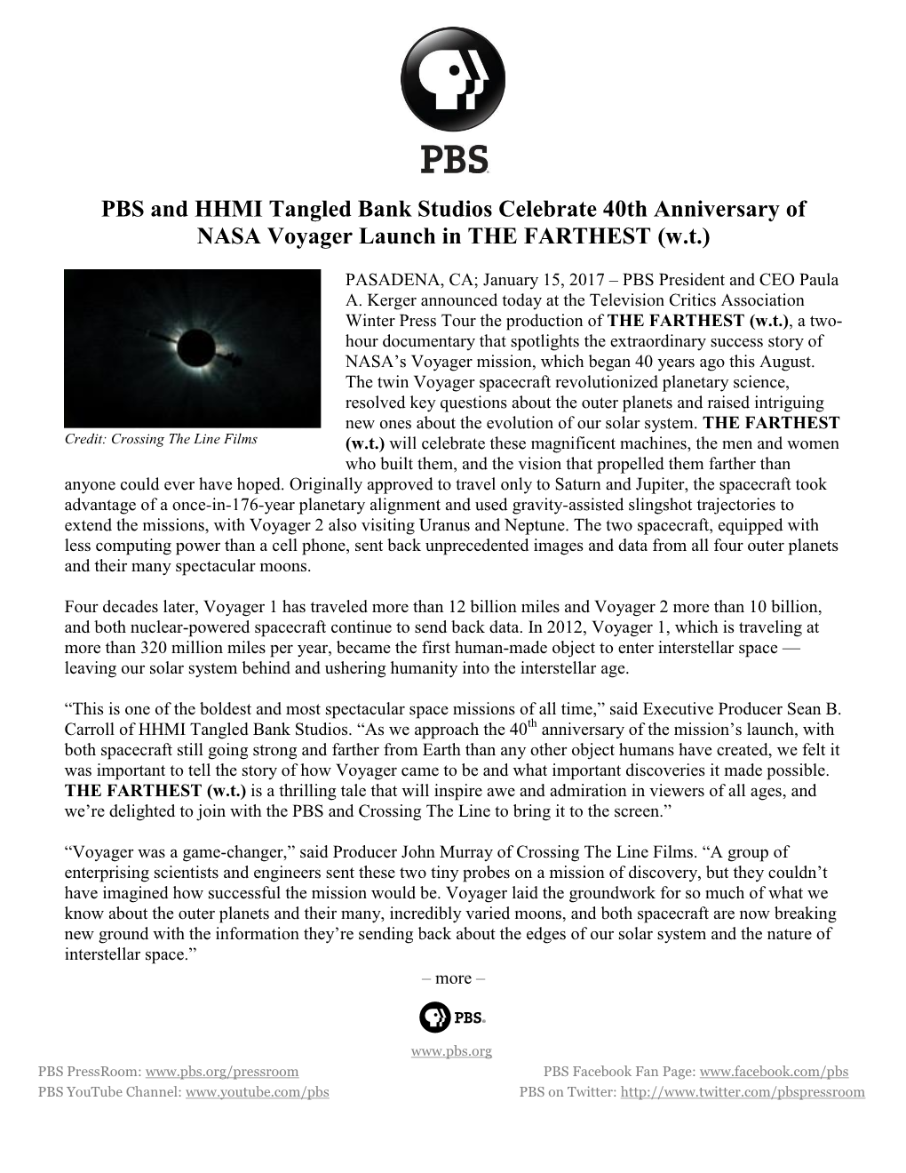 PBS and HHMI Tangled Bank Studios Celebrate 40Th Anniversary of NASA Voyager Launch in the FARTHEST (W.T.)