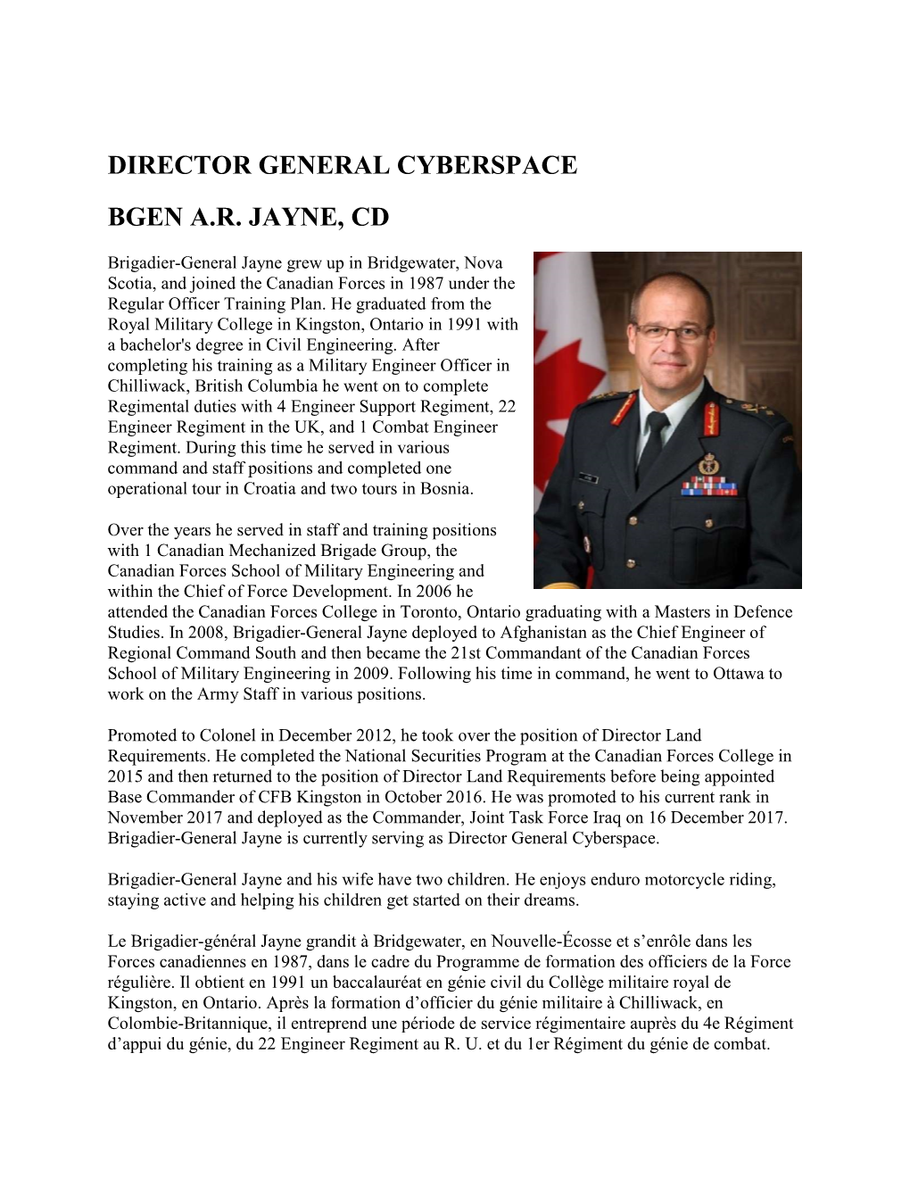 Director General Cyberspace Bgen A.R. Jayne, Cd