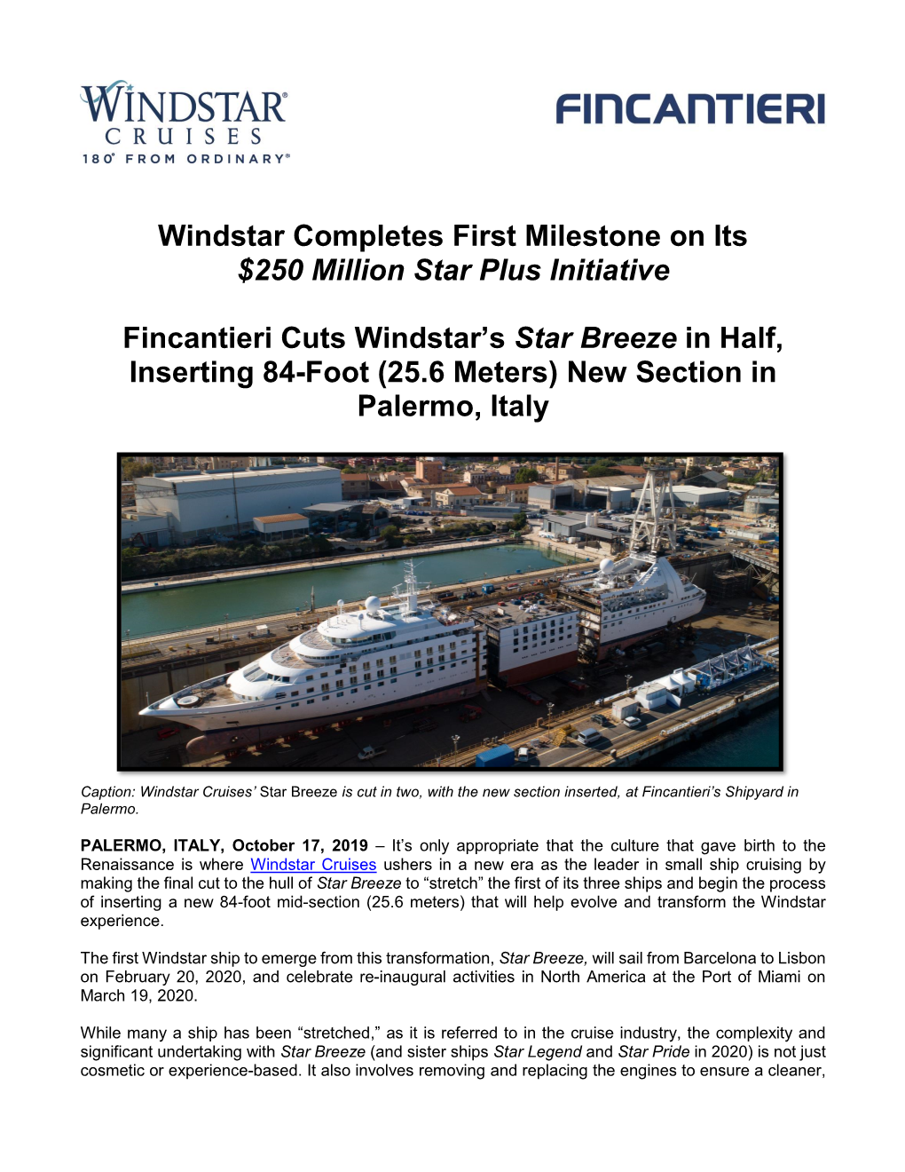 Windstar Completes First Milestone on Its $250 Million Star Plus Initiative