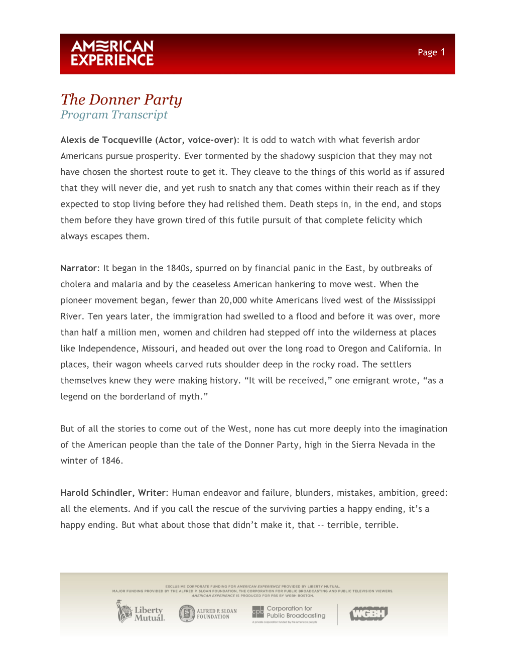 The Donner Party Program Transcript