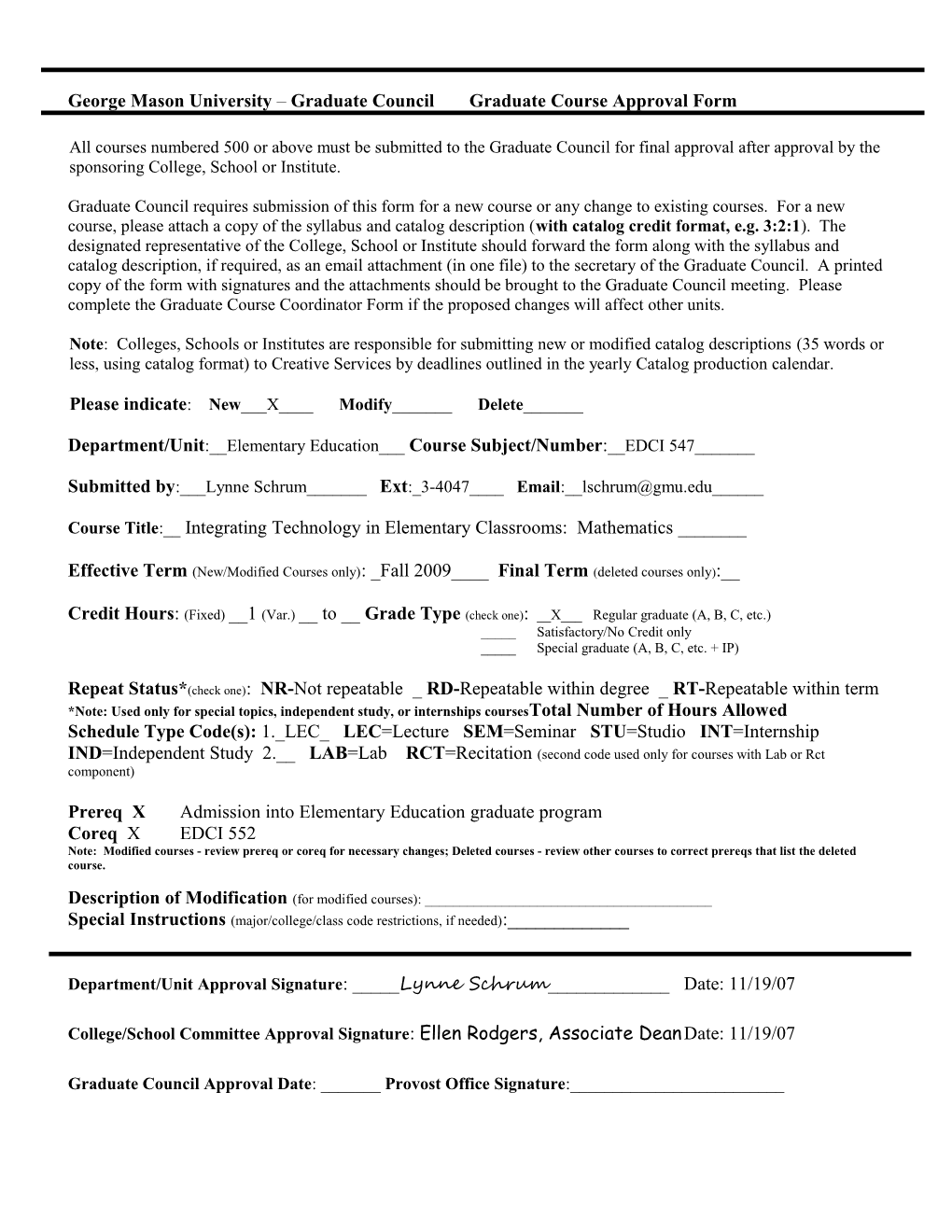 George Mason University Graduate Council Graduate Course Approval Form