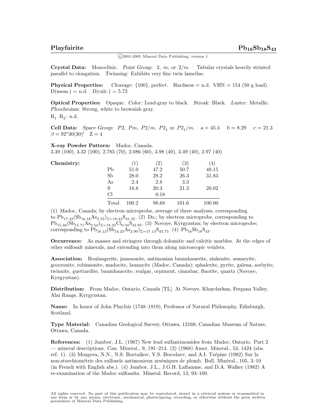 Playfairite Pb16sb18s43 C 2001-2005 Mineral Data Publishing, Version 1