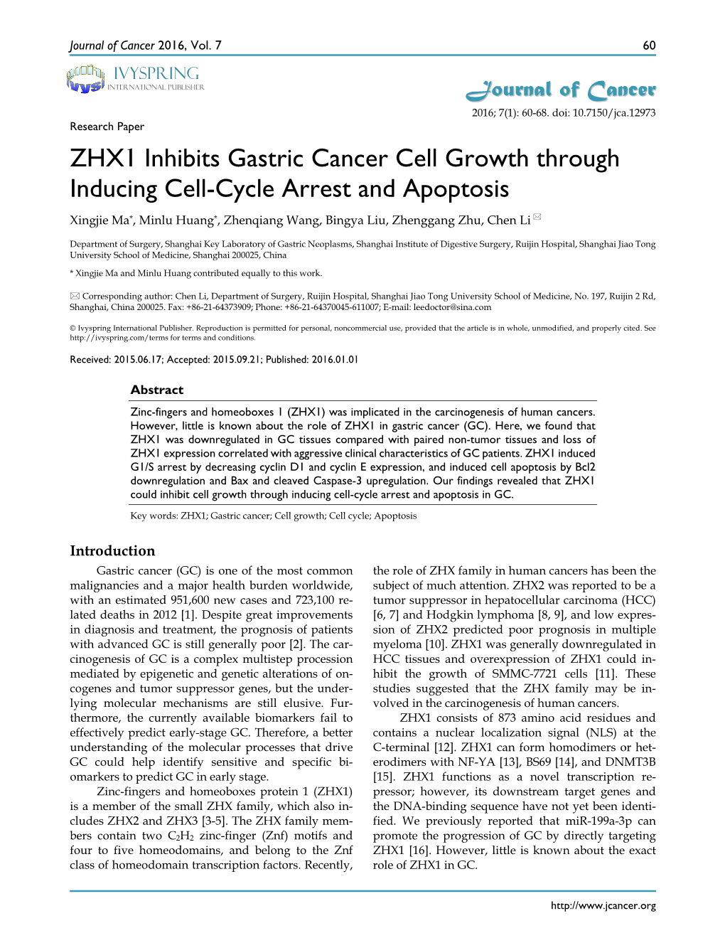 ZHX1 Inhibits Gastric Cancer Cell Growth Through Inducing Cell-Cycle