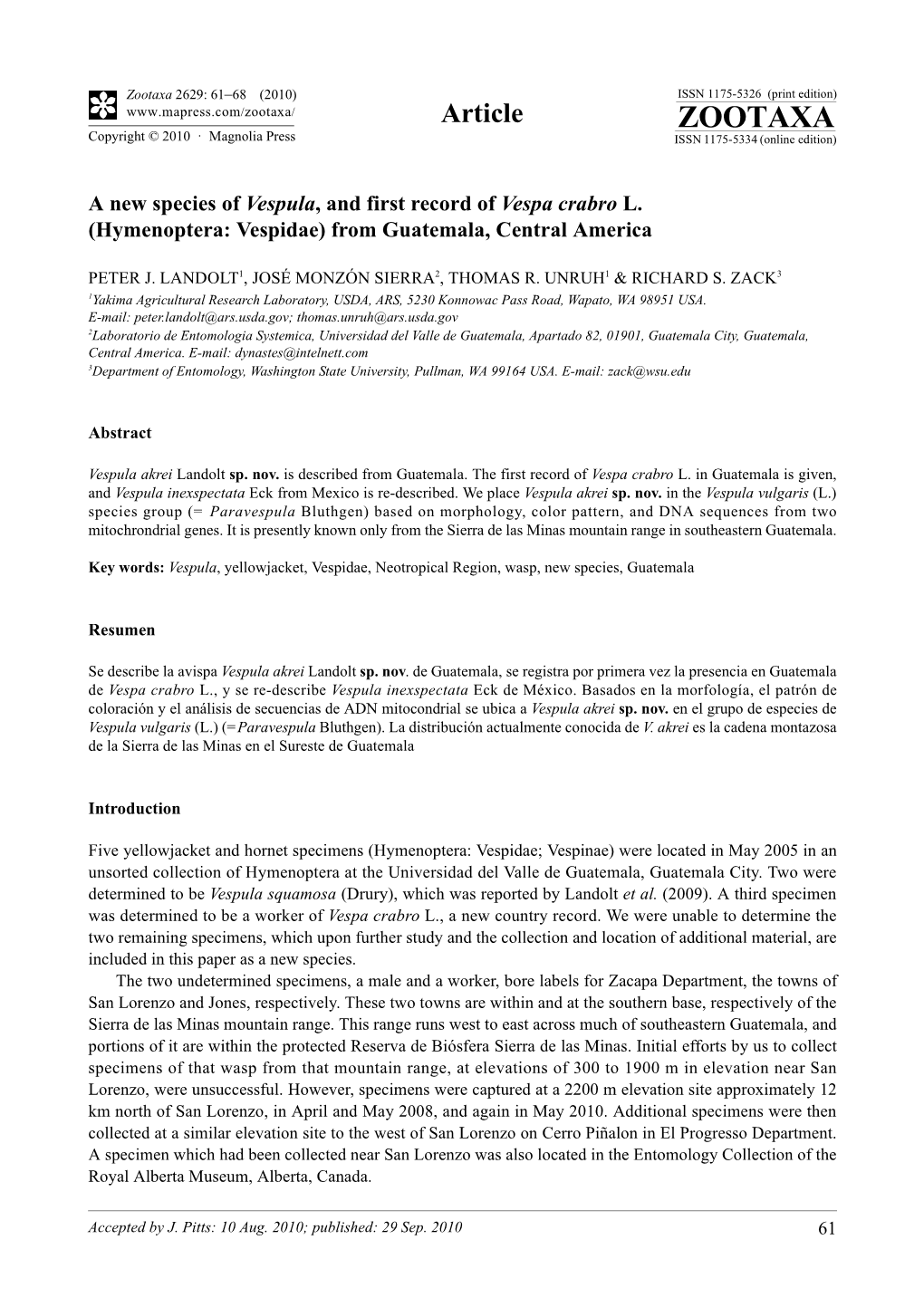 Zootaxa, a New Species of Vespula, and First Record of Vespa Crabro L