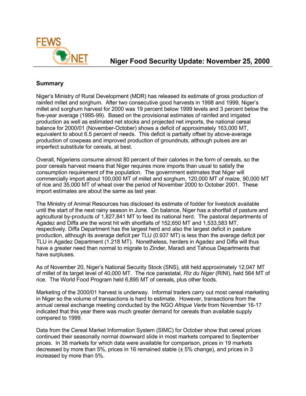 Niger Food Security Update: November 25, 2000