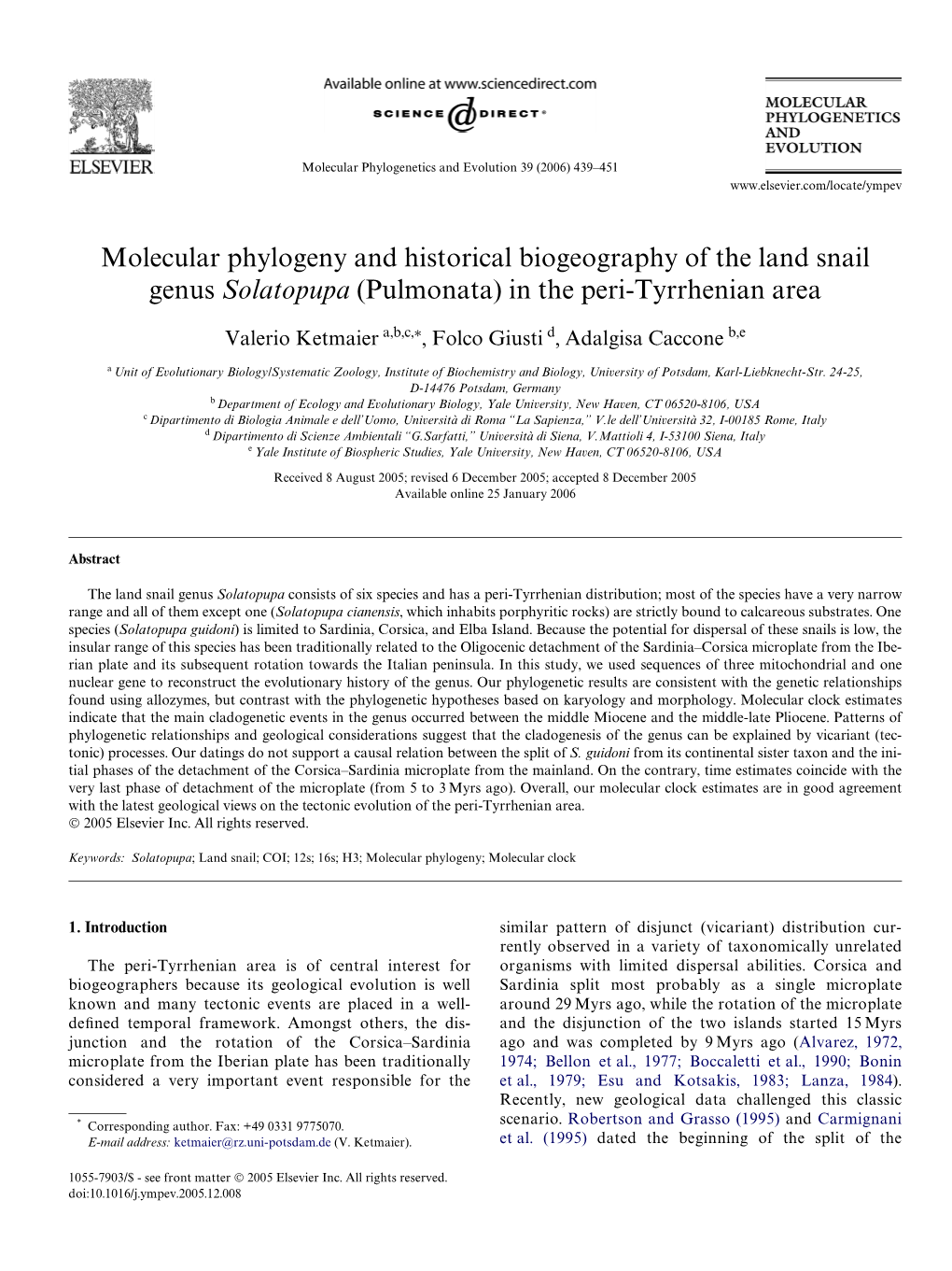 Molecular Phylogeny and Historical Biogeography of the Land Snail Genus Solatopupa (Pulmonata) in the Peri-Tyrrhenian Area