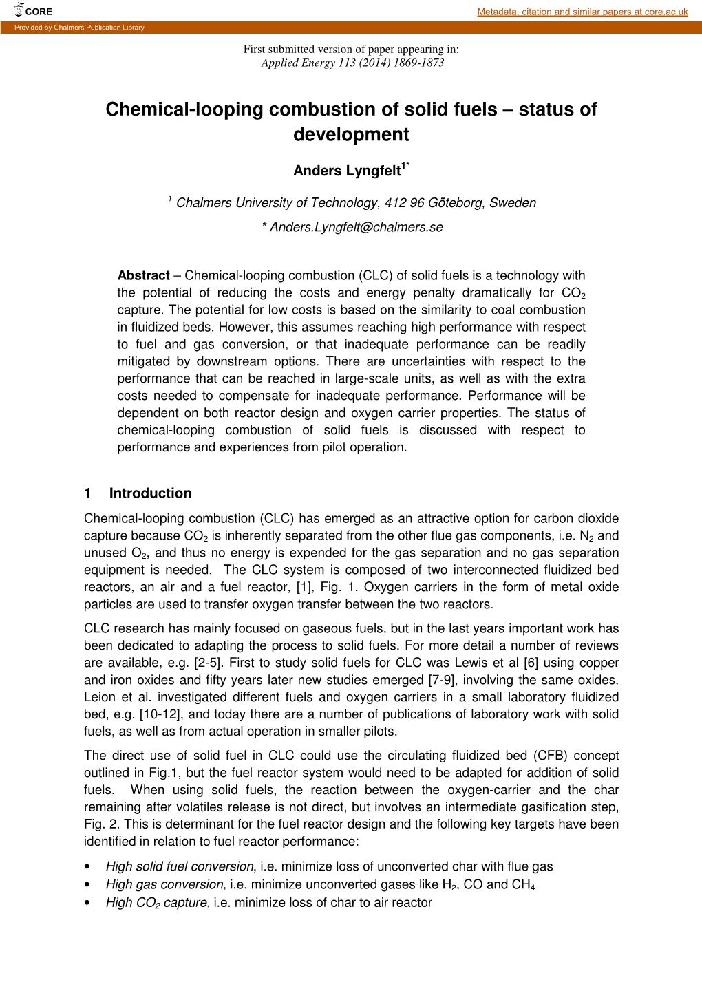 Chemical-Looping Combustion of Solid Fuels – Status of Development