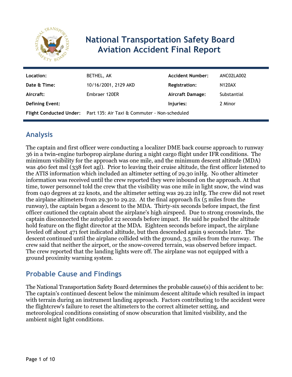 National Transportation Safety Board Aviation Accident Final Report