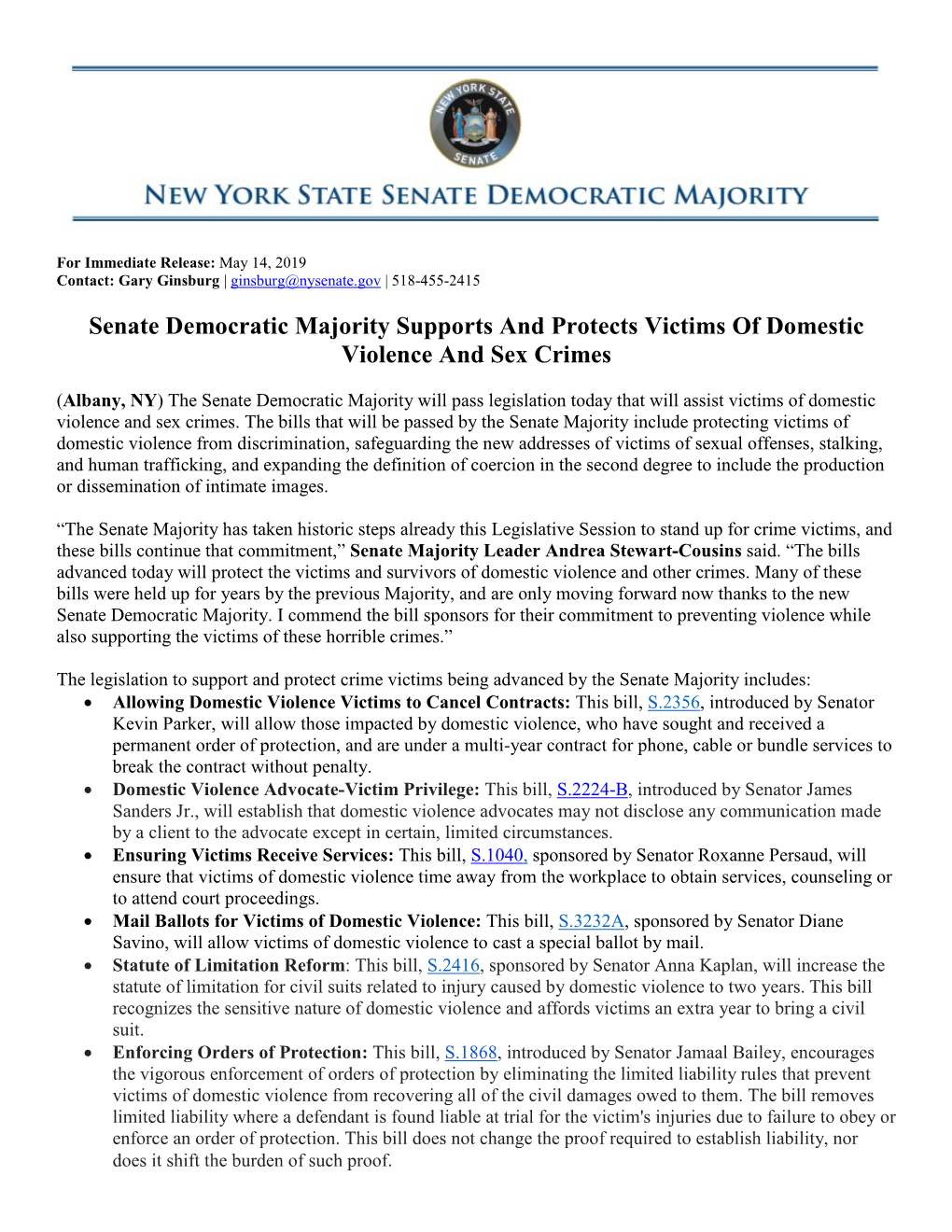 Senate Democratic Majority Supports and Protects Victims of Domestic Violence and Sex Crimes