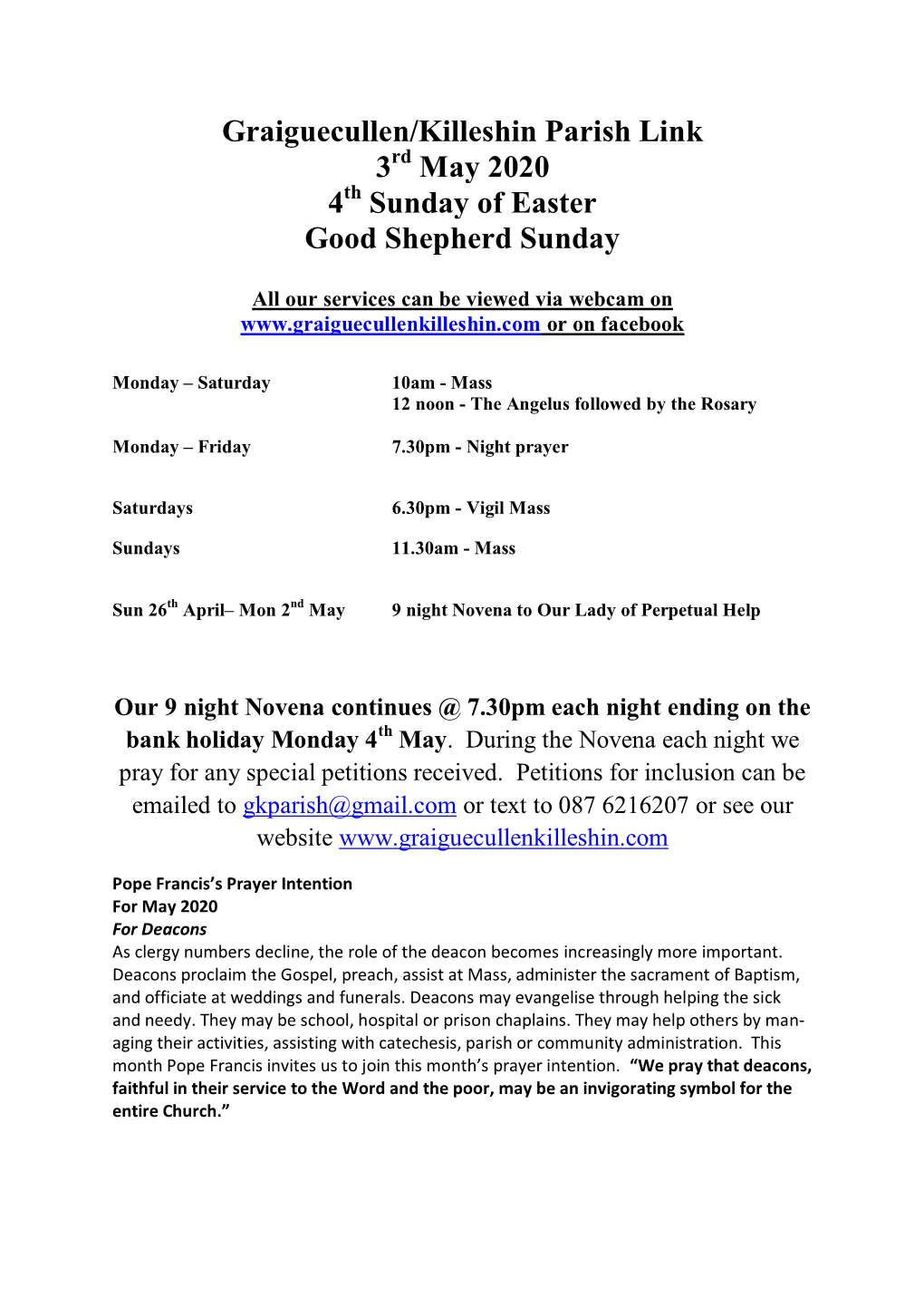 Graiguecullen/Killeshin Parish Link 3 May 2020 4 Sunday of Easter Good