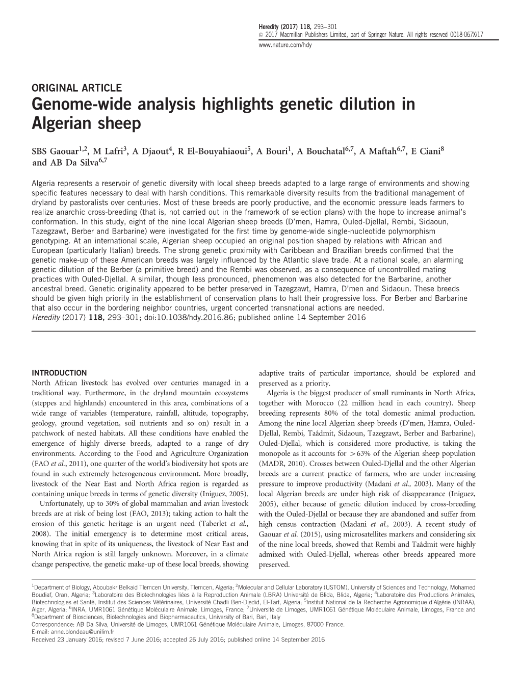 Genome-Wide Analysis Highlights Genetic Dilution in Algerian Sheep