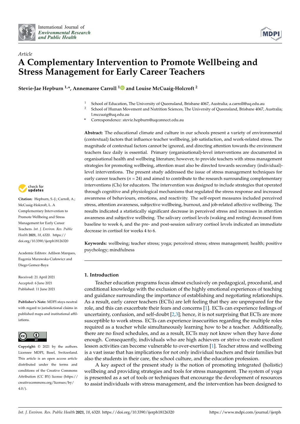 A Complementary Intervention to Promote Wellbeing and Stress Management for Early Career Teachers