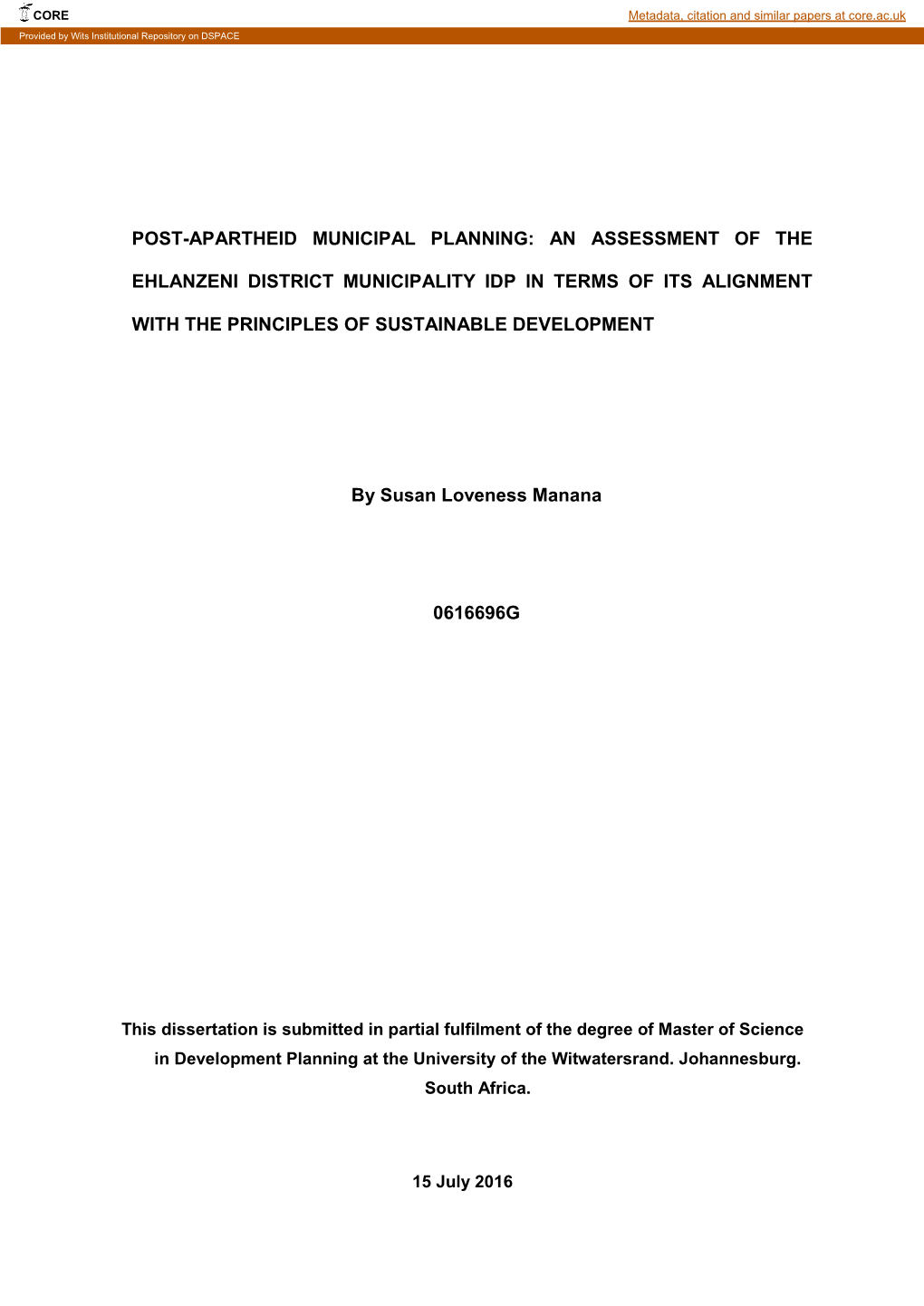 An Assessment of the Ehlanzeni District Municipality Integrated Development Plan in Terms of Its Alignment with the Principles of Sustainable Development