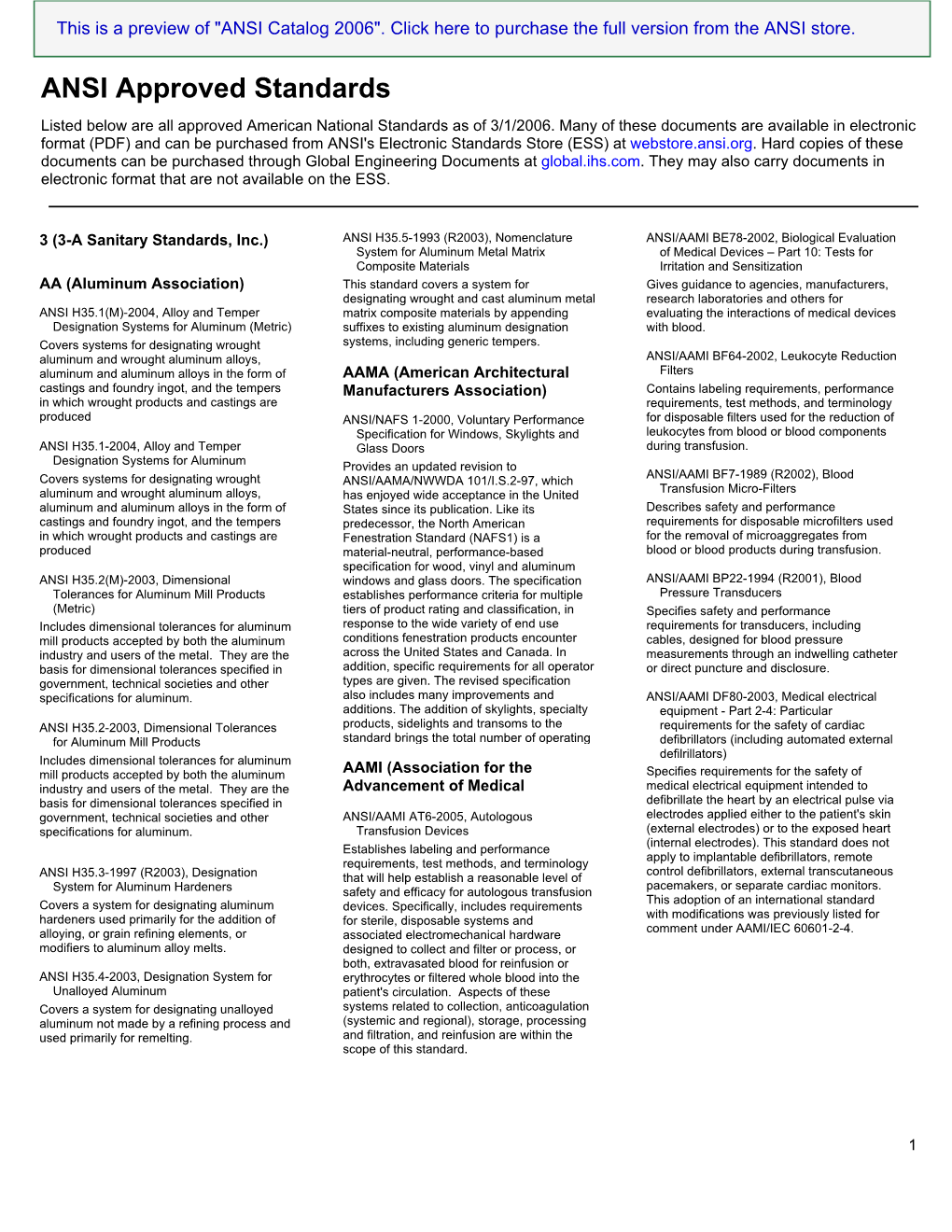 ANSI Approved Standards Listed Below Are All Approved American National Standards As of 3/1/2006