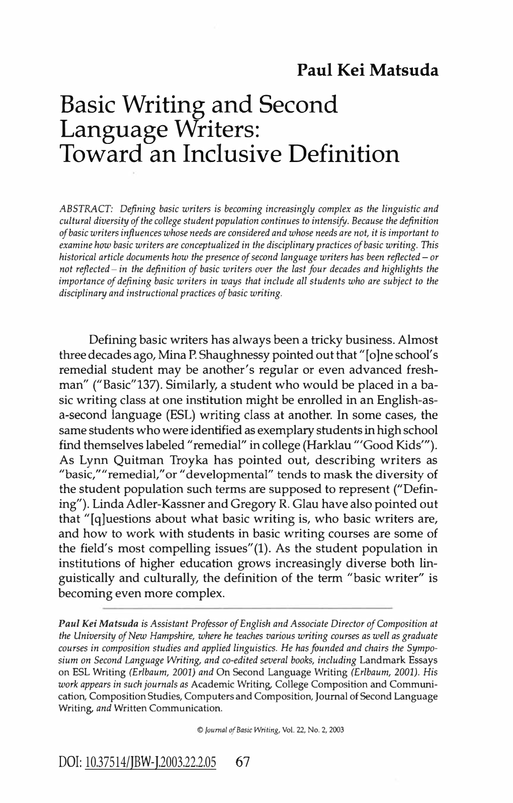 Basic Writing and Second Language Writers: Toward an Inclusive