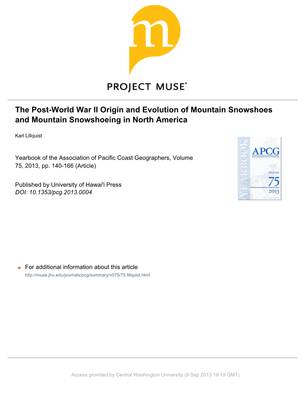The Post-World War II Origin and Evolution of Mountain Snowshoes and Mountain Snowshoeing in North America
