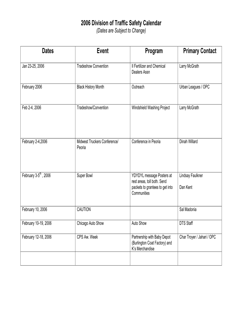 2006 Division of Traffic Safety Calendar Dates Event Program