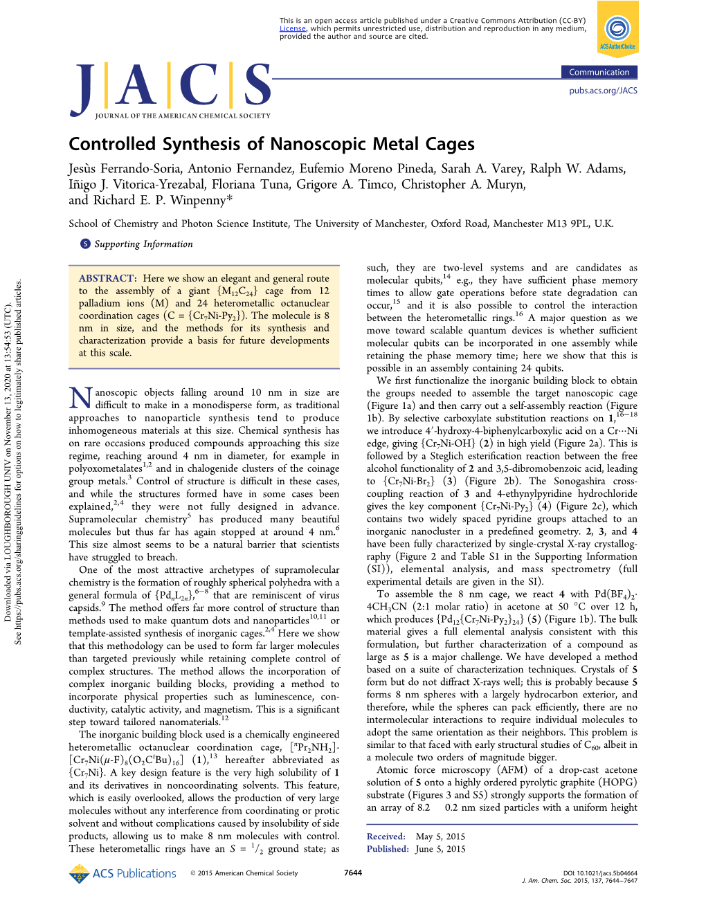 Controlled Synthesis of Nanoscopic Metal Cages Jesus̀ Ferrando-Soria, Antonio Fernandez, Eufemio Moreno Pineda, Sarah A