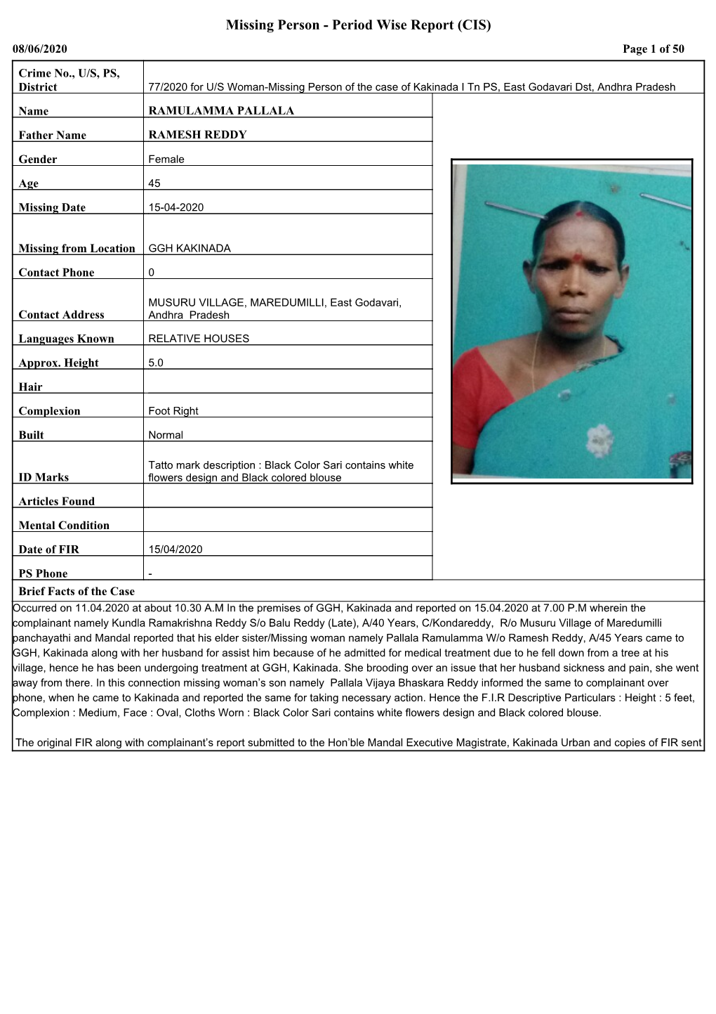 Missing Person - Period Wise Report (CIS) 08/06/2020 Page 1 of 50