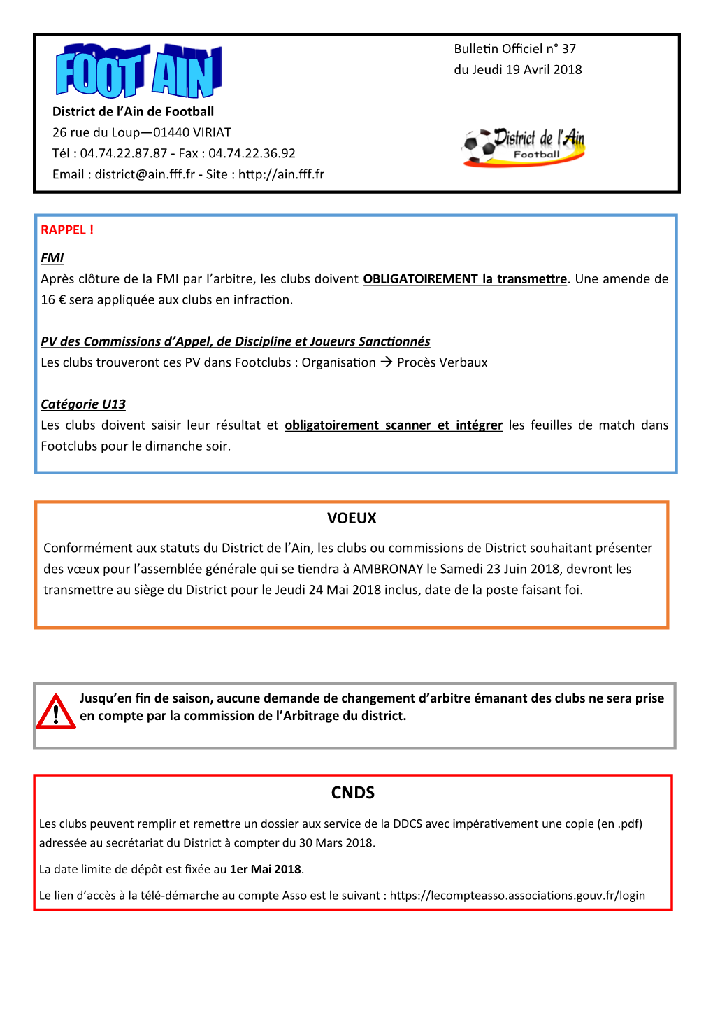 Bulletin Officiel N° 37 Du Jeudi 19 Avril 2018 District