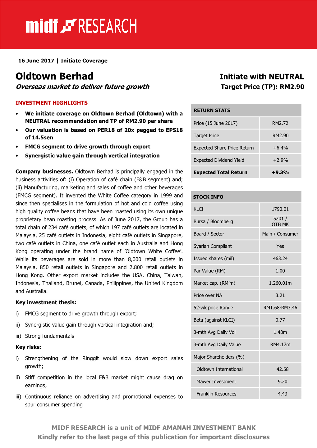 Oldtown Berhad Initiate with NEUTRAL Overseas Market to Deliver Future Growth Target Price (TP): RM2.90