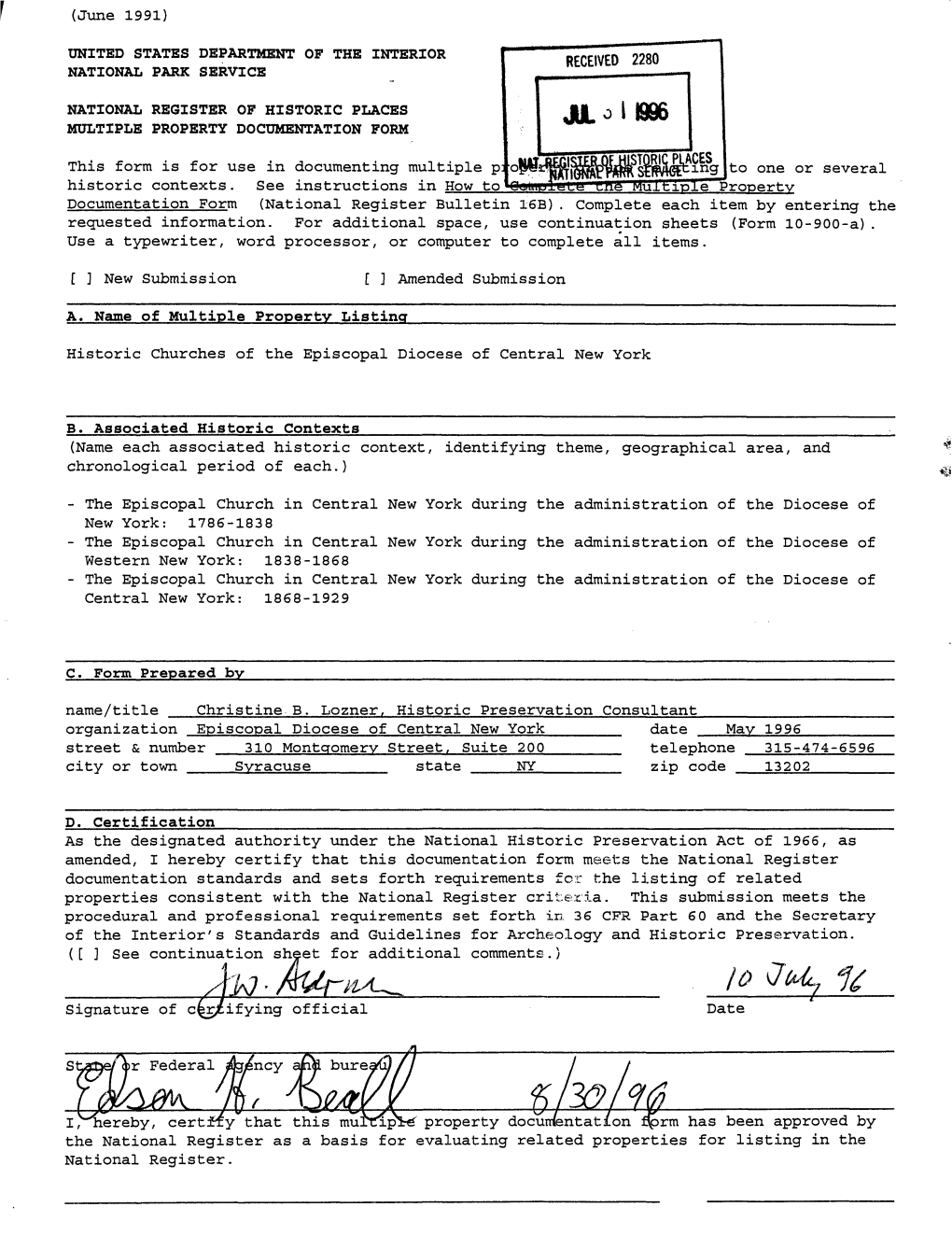 Julol 1996 MULTIPLE PROPERTY DOCUMENTATION FORM This Form Is for Use in Documenting Multiple P: ^Sftlwwpwt 1 to One Or Several Historic Contexts
