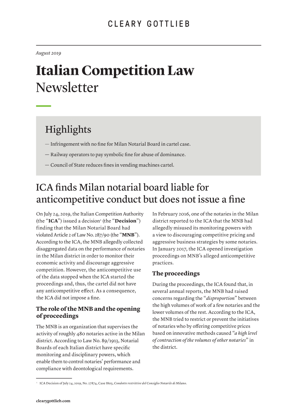 Italian Competition Law Newsletter, August 2019