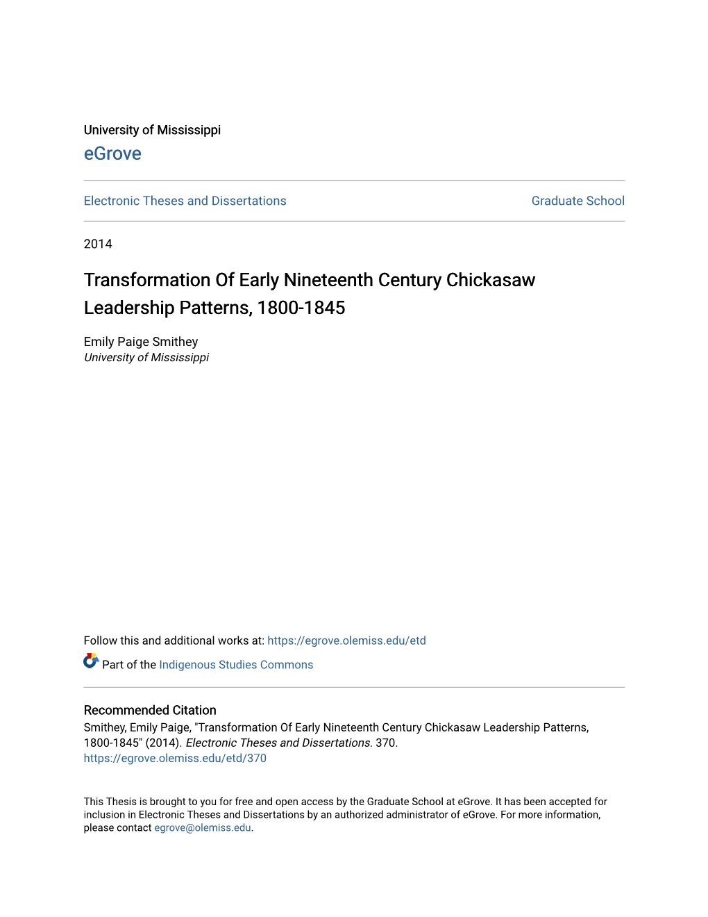 Transformation of Early Nineteenth Century Chickasaw Leadership Patterns, 1800-1845