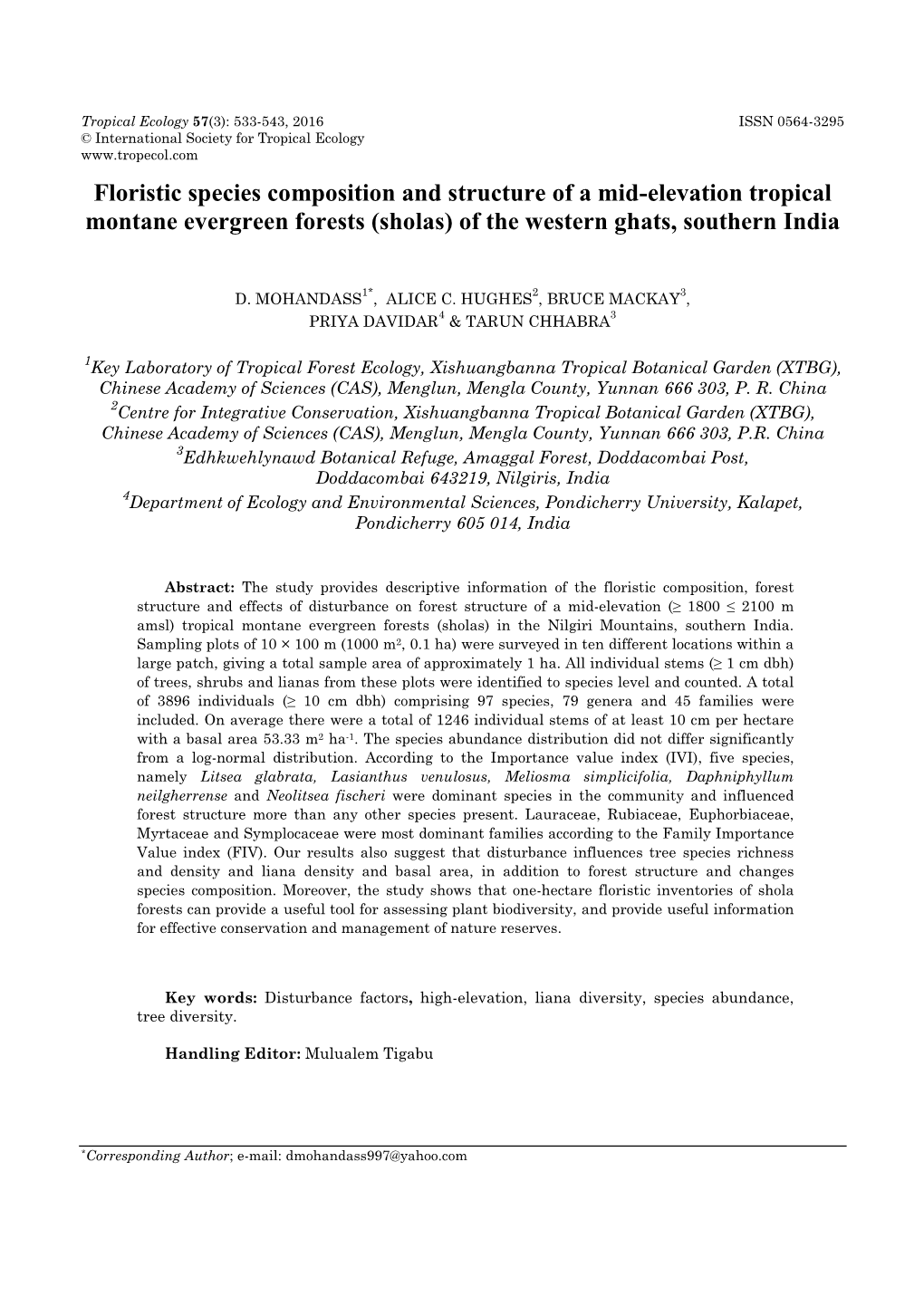 Floristic Species Composition and Structure of a Mid-Elevation Tropical Montane Evergreen Forests (Sholas) of the Western Ghats, Southern India