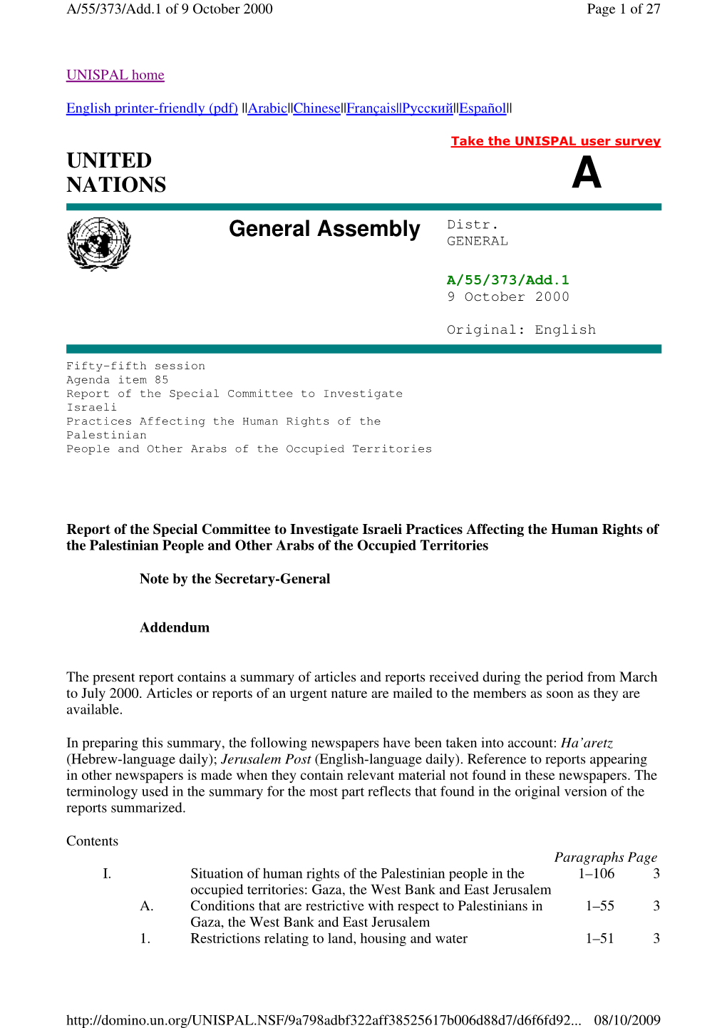 Report of the Special Committee to Investigate Israeli Practices Affecting the Human Rights of the Palestinian People and Other Arabs of the Occupied Territories