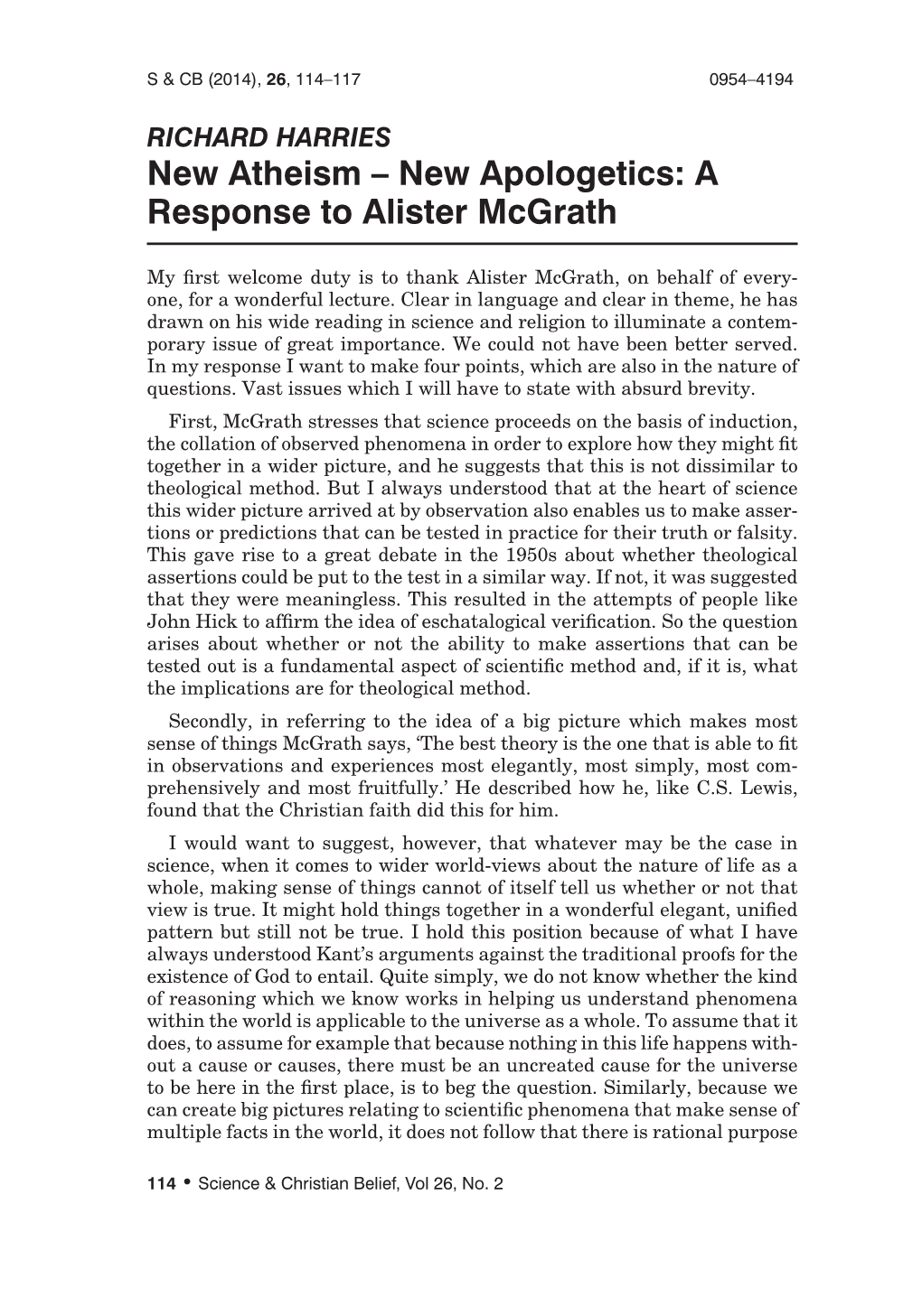 New Atheism – New Apologetics: a Response to Alister Mcgrath