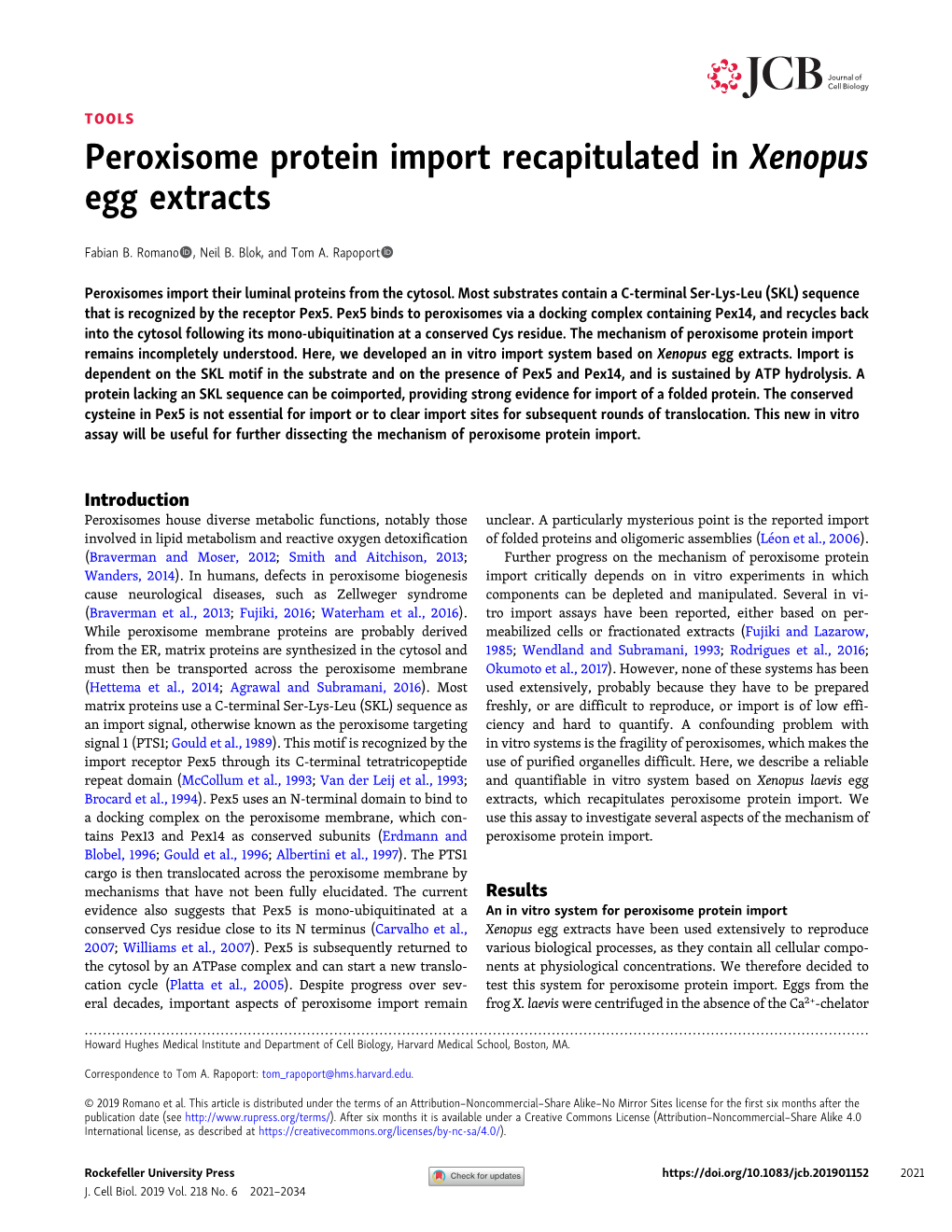 Peroxisome Protein Import Recapitulated in Xenopus Egg Extracts