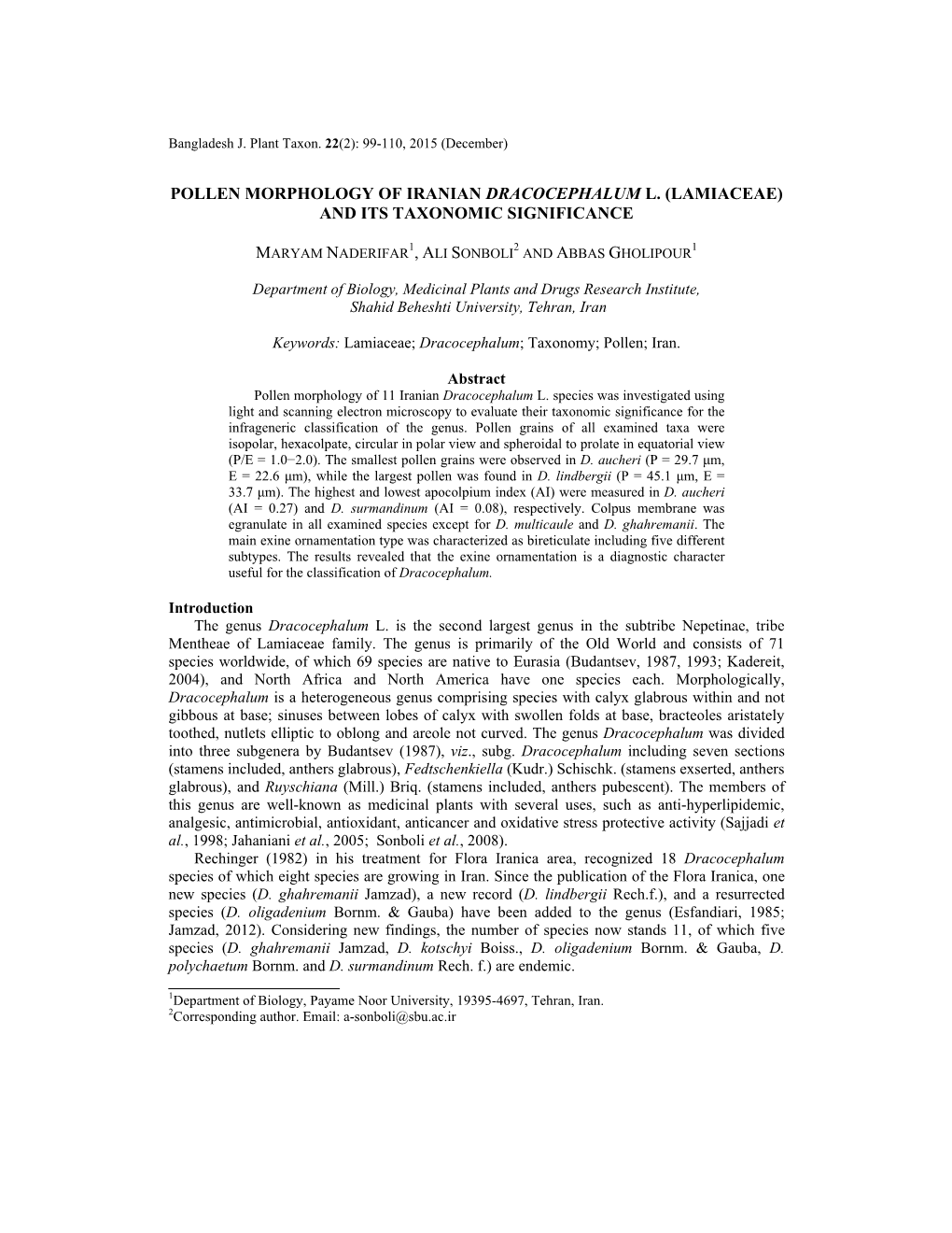 Pollen Morphology of Iranian Dracocephalum L. (Lamiaceae) and Its Taxonomic Significance