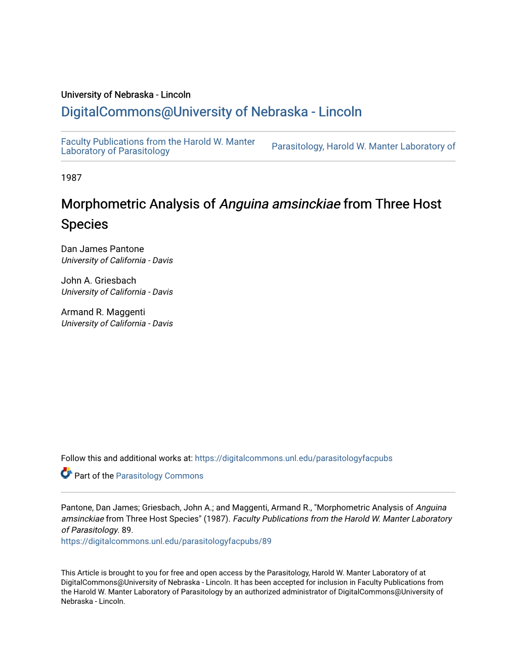 Morphometric Analysis of Anguina Amsinckiae from Three Host Species