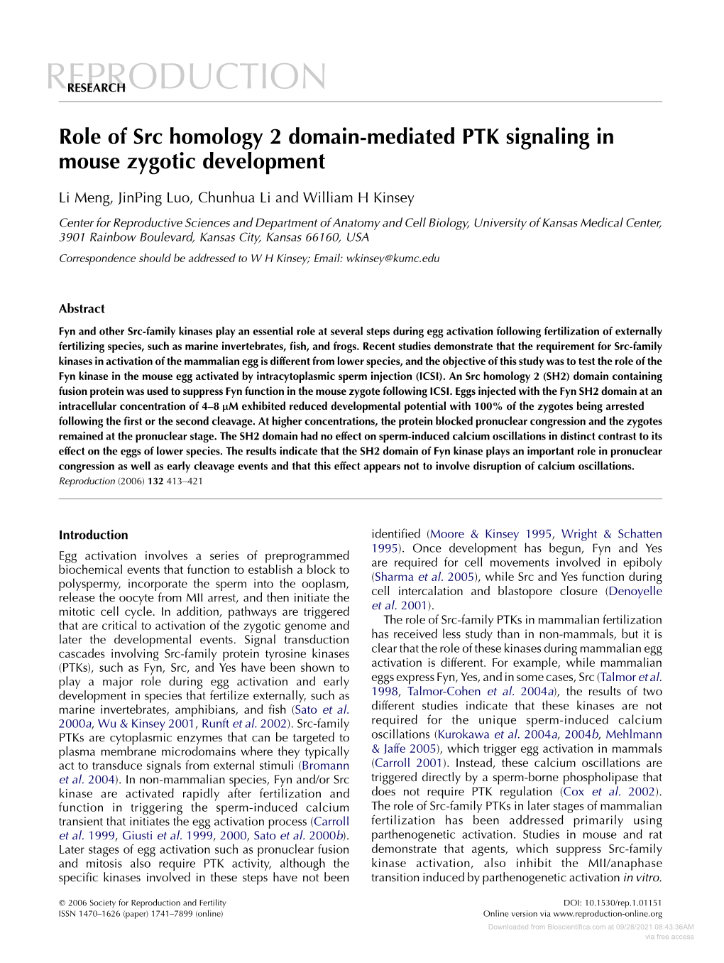 Role of Src Homology 2 Domain-Mediated PTK Signaling in Mouse Zygotic Development