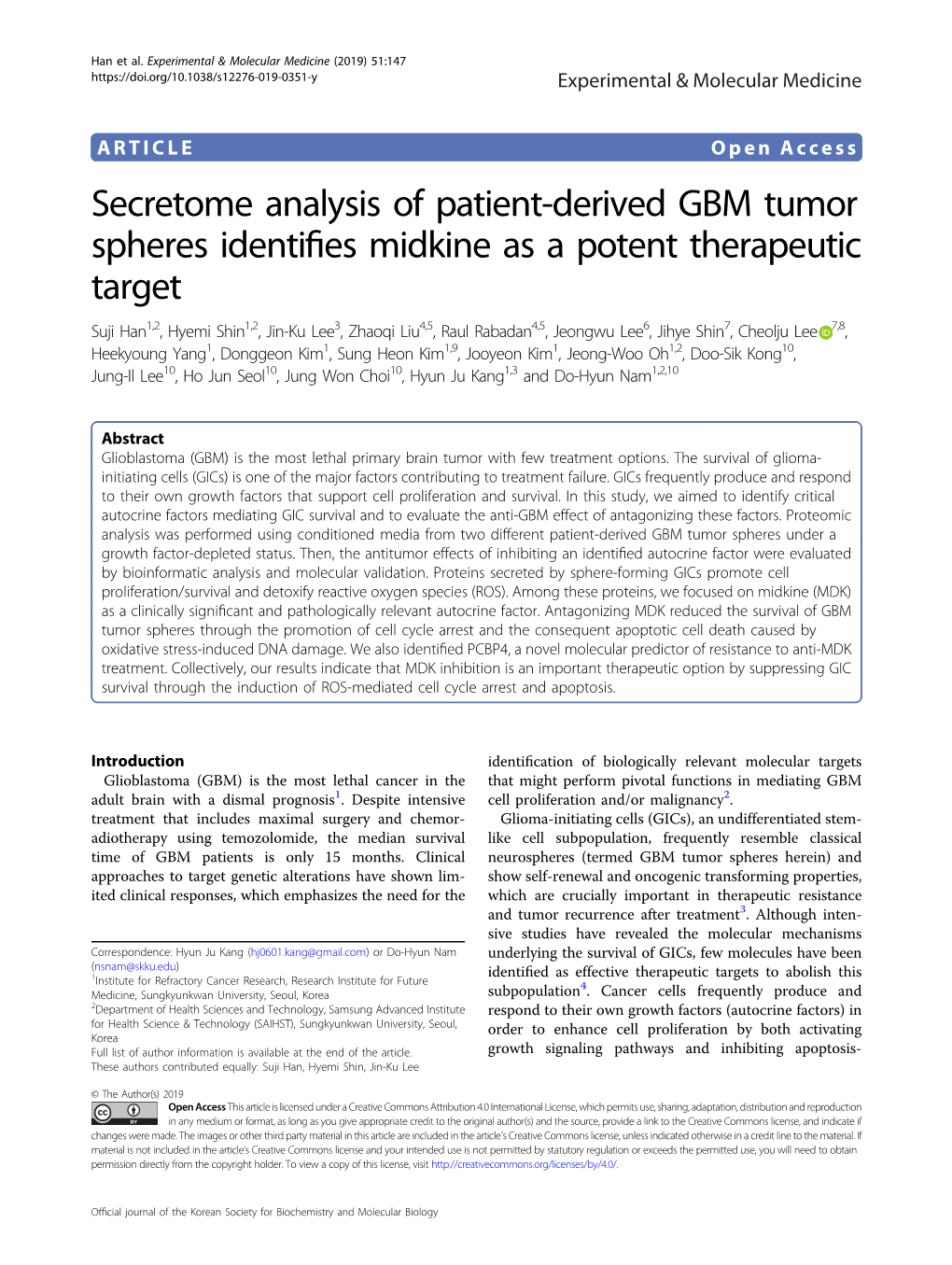 Secretome Analysis of Patient-Derived GBM Tumor Spheres Identifies Midkine As a Potent Therapeutic Target